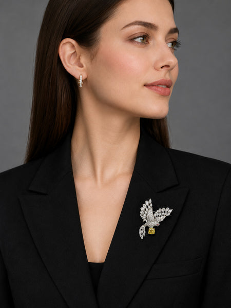 Silver Bird Brooch with Yellow Doublet Stone & AAA Quality AD Stones – Brass Metal