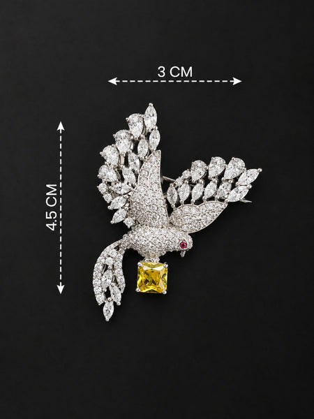 Silver Bird Brooch with Yellow Doublet Stone & AAA Quality AD Stones – Brass Metal