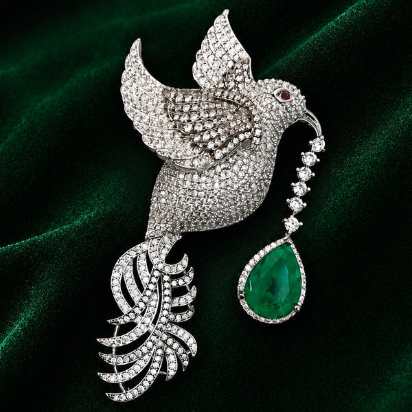 Premium Silver-Plated Flying Bird Brooch Pin with Green Doublet Stone | AAA Quality AD Brass Brooch