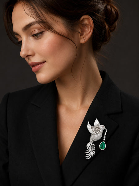 Premium Silver-Plated Flying Bird Brooch Pin with Green Doublet Stone | AAA Quality AD Brass Brooch