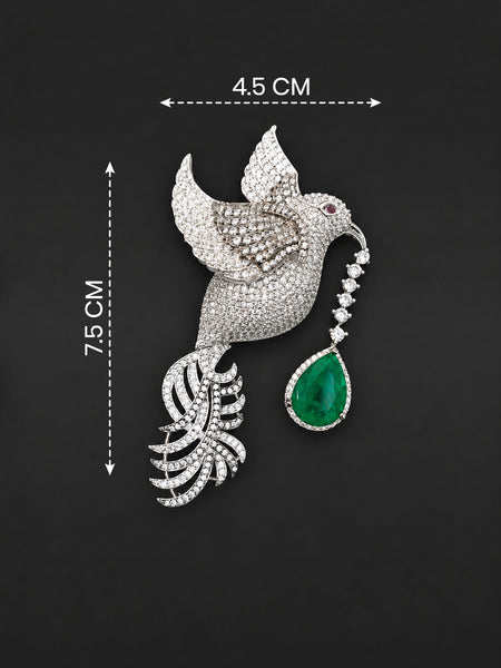 Premium Silver-Plated Flying Bird Brooch Pin with Green Doublet Stone | AAA Quality AD Brass Brooch
