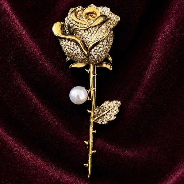 Premium Gold-Plated Rose Flower Brooch Pin | AAA Quality AD Brass Designer Brooch