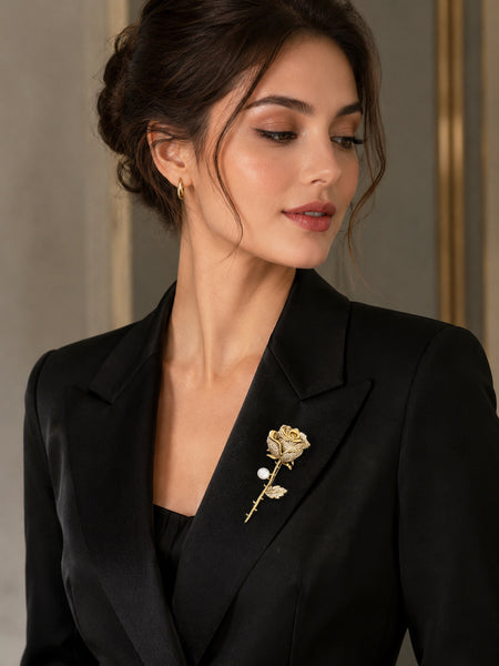 Premium Gold-Plated Rose Flower Brooch Pin | AAA Quality AD Brass Designer Brooch