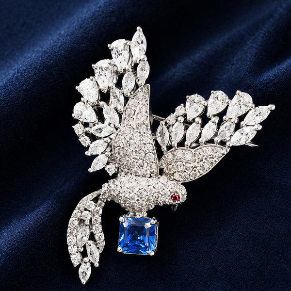 Premium Silver-Plated Blue Crystal Bird Brooch Pin | AAA Quality AD Brass Designer Brooch