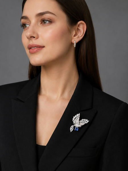 Premium Silver-Plated Blue Crystal Bird Brooch Pin | AAA Quality AD Brass Designer Brooch