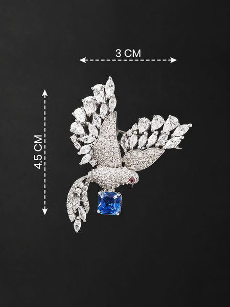 Premium Silver-Plated Blue Crystal Bird Brooch Pin | AAA Quality AD Brass Designer Brooch