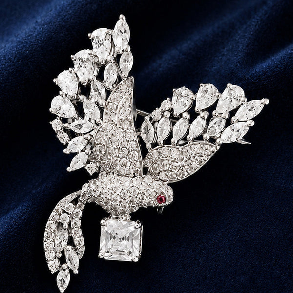 Premium Silver-Plated Crystal Bird Brooch Pin | AAA Quality AD Brass Designer Brooch