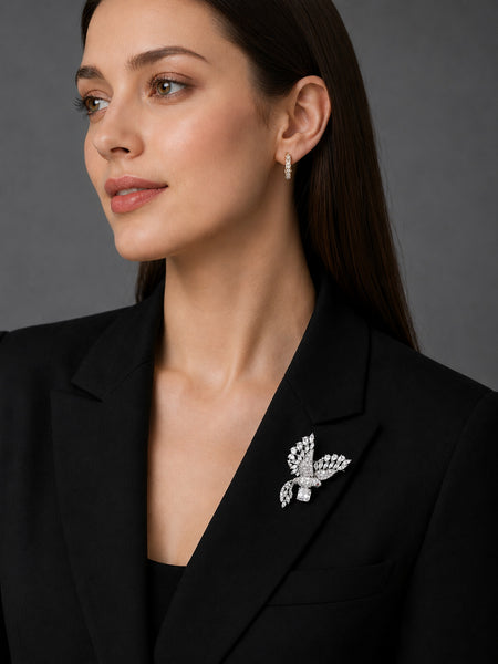 Premium Silver-Plated Crystal Bird Brooch Pin | AAA Quality AD Brass Designer Brooch