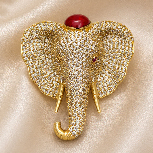 Luxury Victorian Elephant Brooch with Red Stone – Brass Plated AAA Quality Statement Jewelry