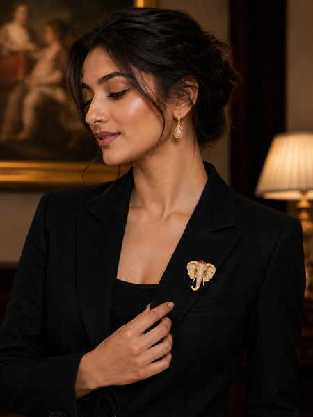 Luxury Victorian Elephant Brooch with Red Stone – Brass Plated AAA Quality Statement Jewelry