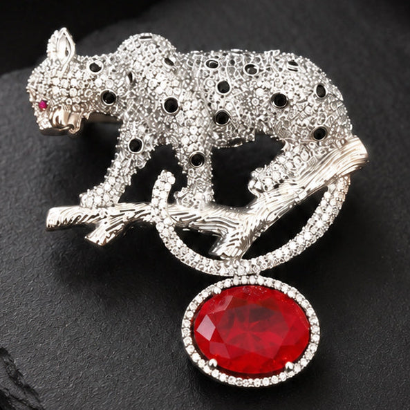 Premium Silver-Plated Leopard Brooch Pin with Red Crystal | AAA Quality AD Brass Designer Brooch