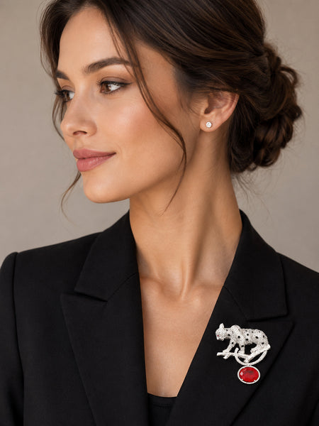 Premium Silver-Plated Leopard Brooch Pin with Red Crystal | AAA Quality AD Brass Designer Brooch