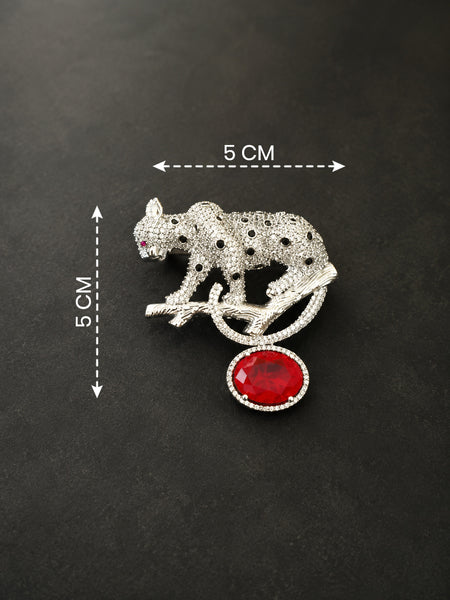 Premium Silver-Plated Leopard Brooch Pin with Red Crystal | AAA Quality AD Brass Designer Brooch