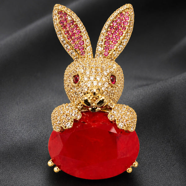 Luxury Bunny Design Red Stone Brooch Pin for Women | Silver Plated Brass | AAA AD