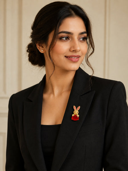 Luxury Bunny Design Red Stone Brooch Pin for Women | Silver Plated Brass | AAA AD
