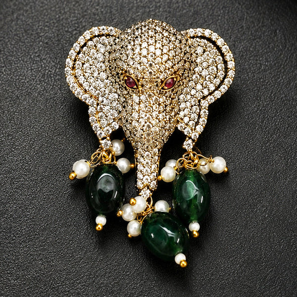 Luxury Victorian Elephant Pendant with Onyx Stones & Pearl Beads – Brass Plated AAA Quality Jewelry