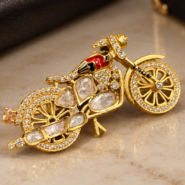 Luxury High-End Motorcycle Brooch in Antique Gold Plated Brass with AAA Quality Polki AD Stones