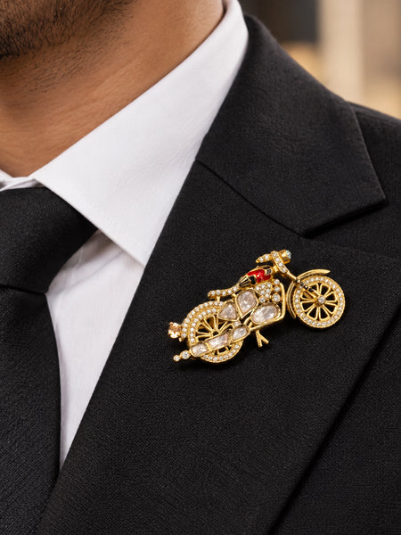 Luxury High-End Motorcycle Brooch in Antique Gold Plated Brass with AAA Quality Polki AD Stones