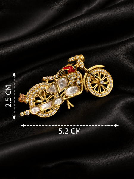 Luxury High-End Motorcycle Brooch in Antique Gold Plated Brass with AAA Quality Polki AD Stones