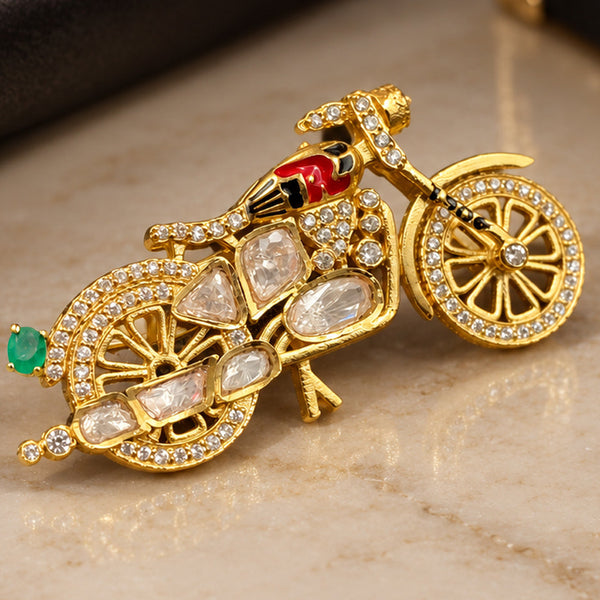 Luxury High-End Motorcycle Brooch in Antique Gold Plated Brass with AAA Quality Polki AD Stones