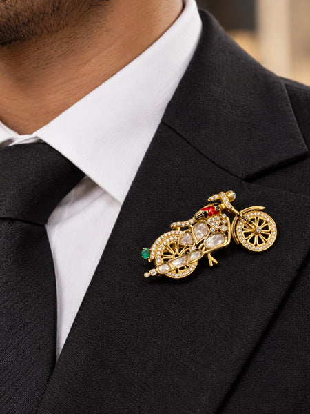 Luxury High-End Motorcycle Brooch in Antique Gold Plated Brass with AAA Quality Polki AD Stones