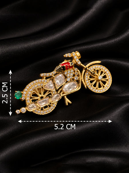 Luxury High-End Motorcycle Brooch in Antique Gold Plated Brass with AAA Quality Polki AD Stones