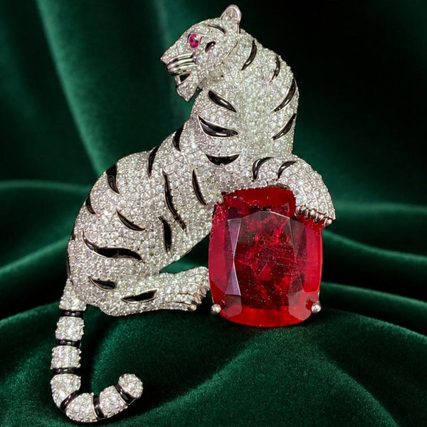 Royal White Tiger Silver-Plated Brooch Pin with Red Doublet Stone & AAA AD Crystals