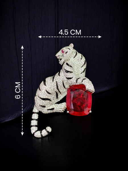 Royal White Tiger Silver-Plated Brooch Pin with Red Doublet Stone & AAA AD Crystals