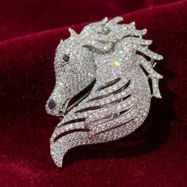 Luxury Crystal Horse Head Brooch Pin Silver Finish Designer Brooch