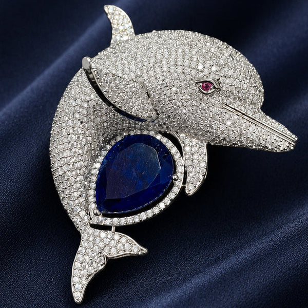 Elegant Dolphin Silver-Plated Brooch Pin with Blue Doublet Stone & AAA AD Crystals