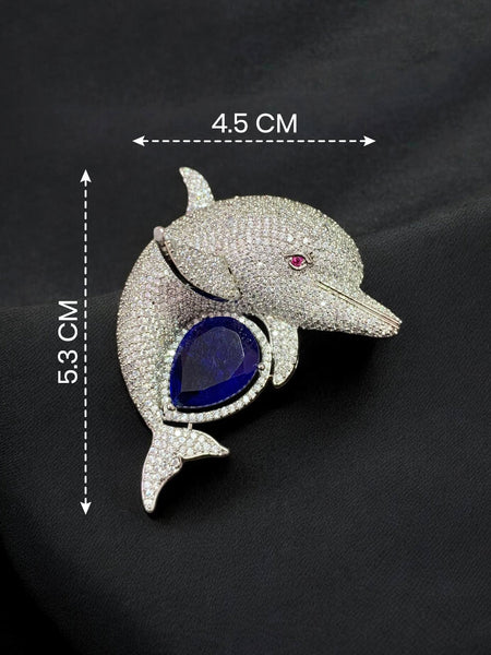 Elegant Dolphin Silver-Plated Brooch Pin with Blue Doublet Stone & AAA AD Crystals