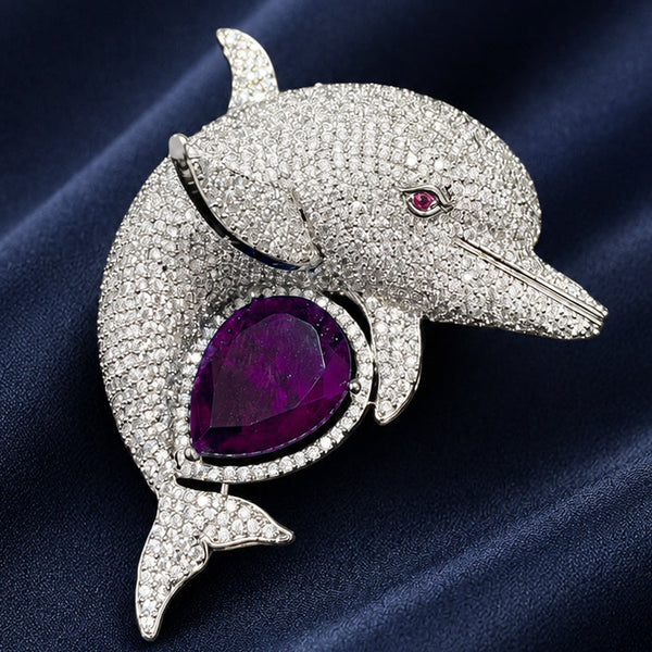 Elegant Dolphin Silver-Plated Brooch Pin with Purple Doublet Stone & AAA AD Crystals