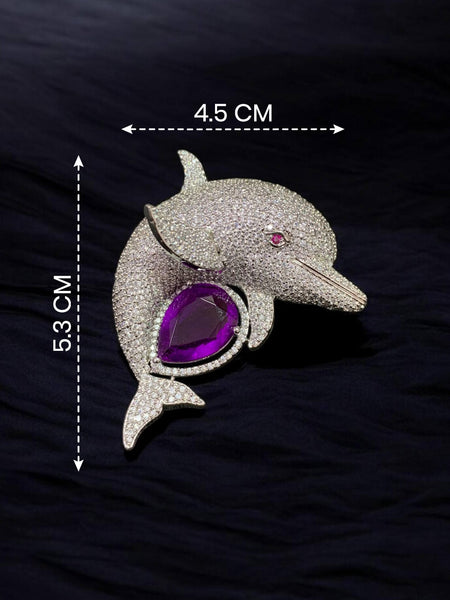 Elegant Dolphin Silver-Plated Brooch Pin with Purple Doublet Stone & AAA AD Crystals