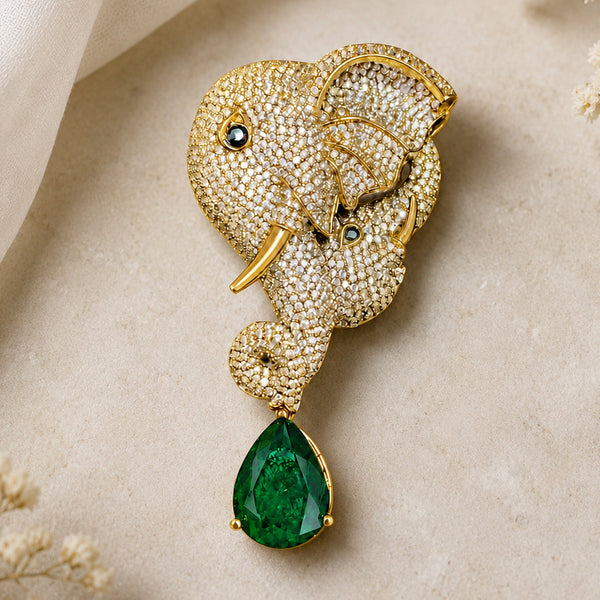 Elegant Victorian Elephant Pendant with Green Teardrop Stone – Brass Plated Doublet AAA Quality