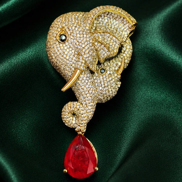 Luxury Victorian Elephant AD Brooch Pin with Ruby Red Drop Stone