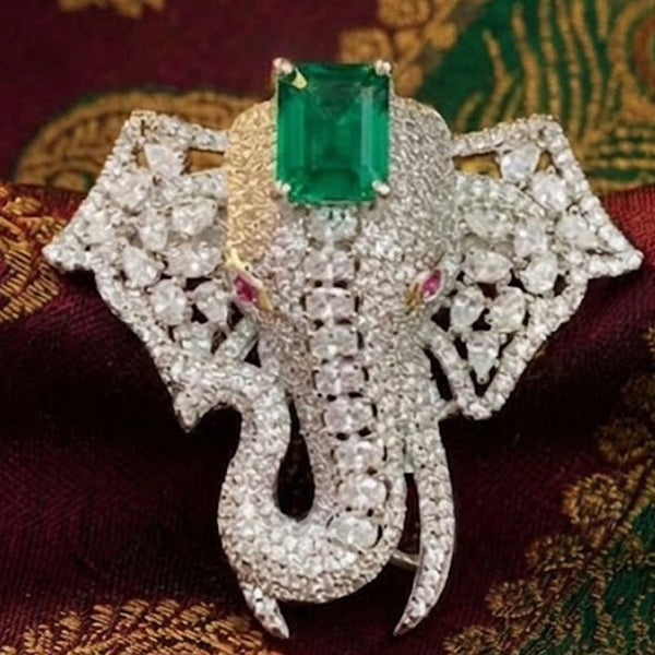 Elegant Elephant AD Stone Designer Brooch with Silver Finish