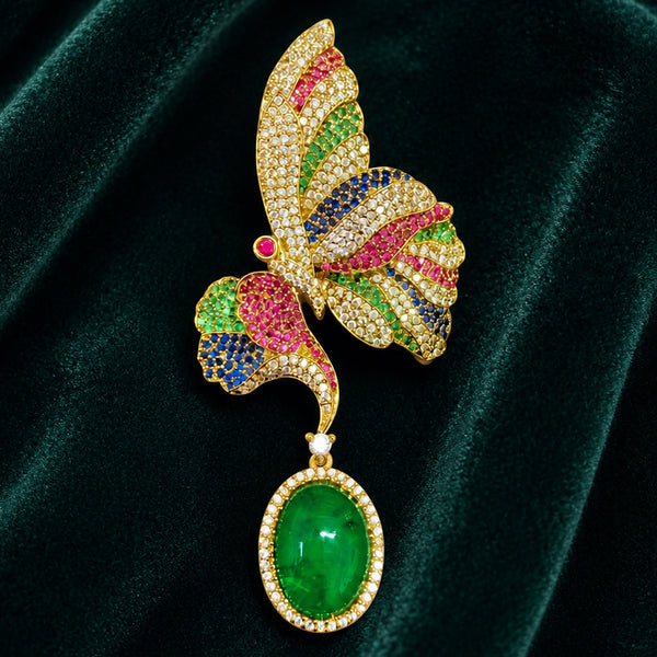 Elegant Multicolor Butterfly AD Brooch Pin with Emerald Green Drop Stone