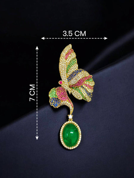 Elegant Multicolor Butterfly AD Brooch Pin with Emerald Green Drop Stone