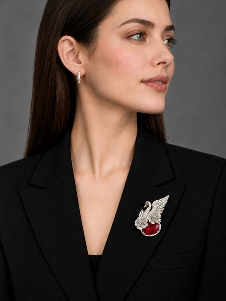 Elegant Silver-Plated Swan Brooch with Red Doublet Stone & AAA AD Stones