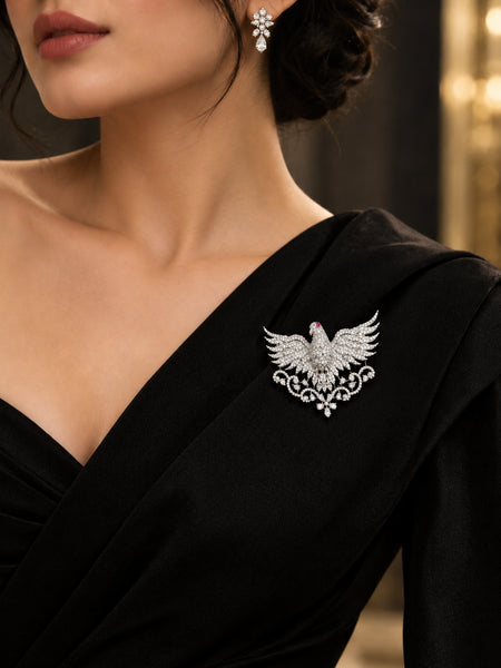 Elegant Silver-Plated Brass Eagle Brooch with AAA Quality AD Stones