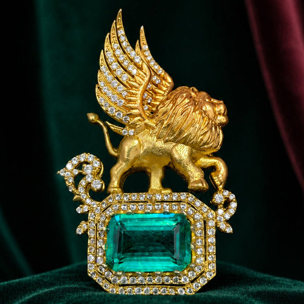 Royal Winged Lion Brooch Pin with Emerald Green Hydro Stone Golden Plated Brass & AAA AD Stones
