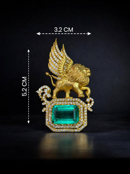 Royal Winged Lion Brooch Pin with Emerald Green Hydro Stone Golden Plated Brass & AAA AD Stones