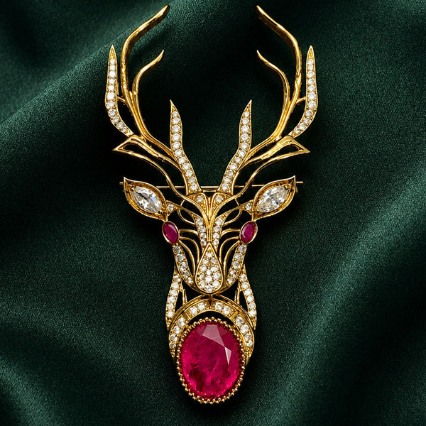 Majestic Victorian Deer AD Brooch Pin with Ruby Doublet Stone