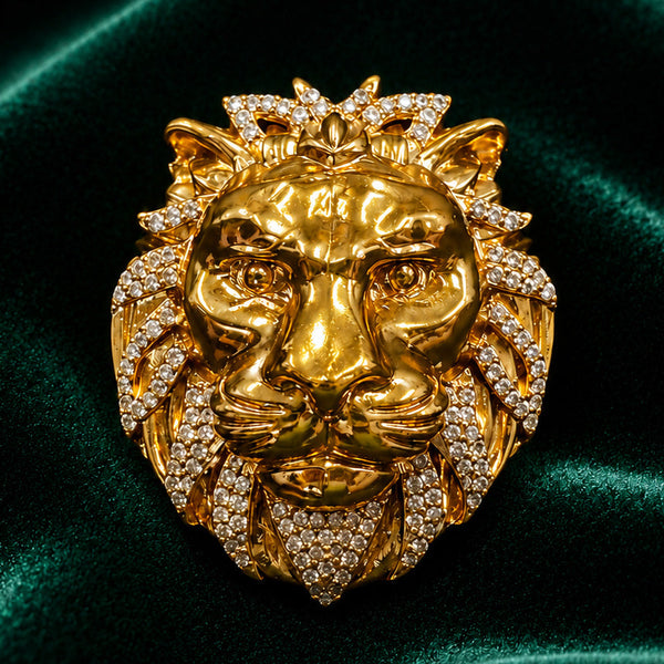 Luxury Golden Lion Head Brooch Pin – Premium Brass with AAA Quality AD Stones