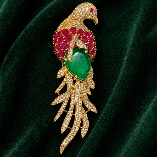 Elegant Peacock Design Brass Brooch with Green Doublet Stone & AAA AD Work