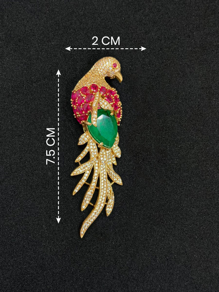 Elegant Peacock Design Brass Brooch with Green Doublet Stone & AAA AD Work