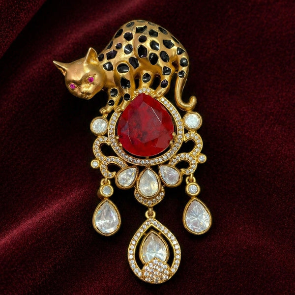 Luxury Cheetah Motif Brooch Golden Finish with Ruby Red Doublet Stone