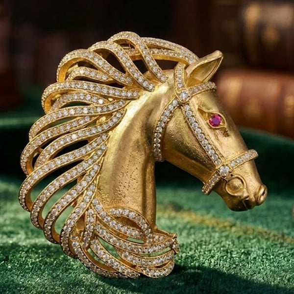 Royal Horse Head Brooch Pin – Matt Golden Finish with AAA AD Stones