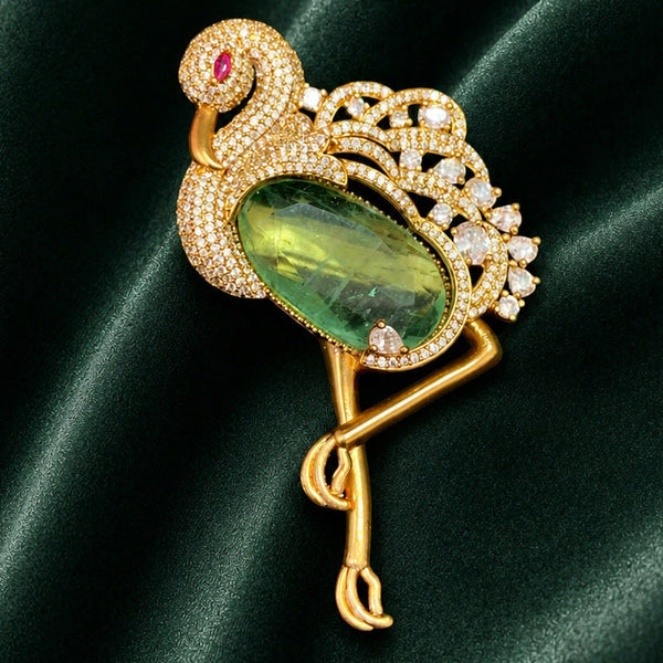 Royal Flamingo Brass Brooch with Green Doublet Stone & AAA AD Work  Victorian Finish