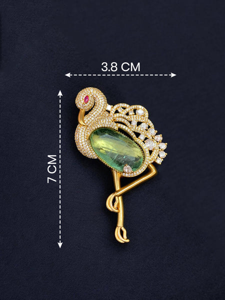 Royal Flamingo Brass Brooch with Green Doublet Stone & AAA AD Work  Victorian Finish